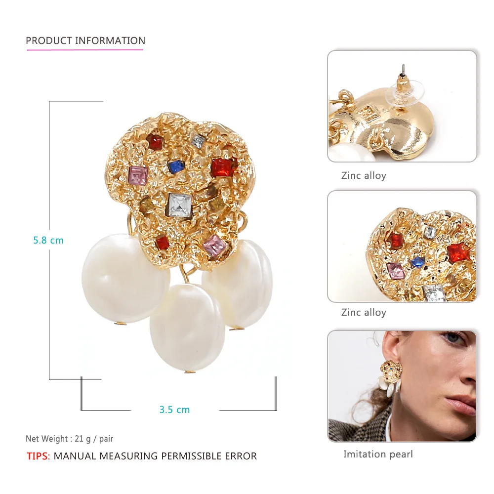 

Fashionable Personality Pearl Band Color Rhinestone Earrings Exaggerated Embossed Metal Earrings Creative Texture Alloy Earrings