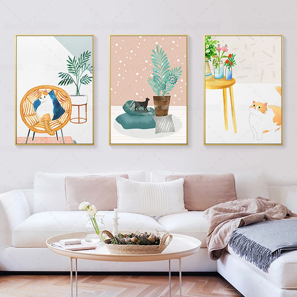 Cute Cat and Green Plants In House Creative Canvas Painting The Kitten Botanical Poster Fresh Style Wall Art Decoration | Дом и сад