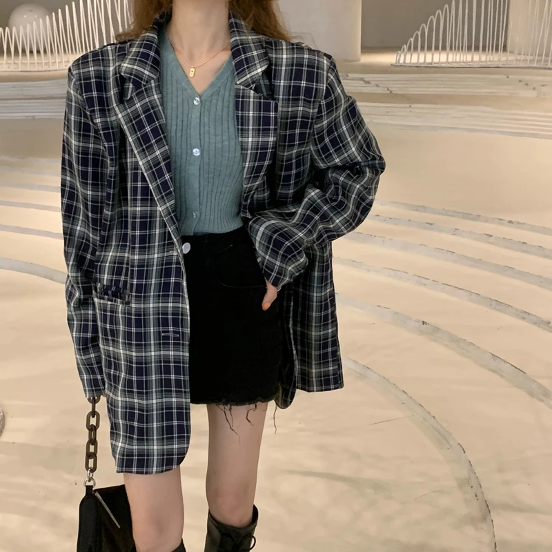 

New Suits Female Vintage Autumn Notched Collar Plaid Women Blazer Breasted Jacket Casual Pockets Womens Suits Coat Blazers Suits