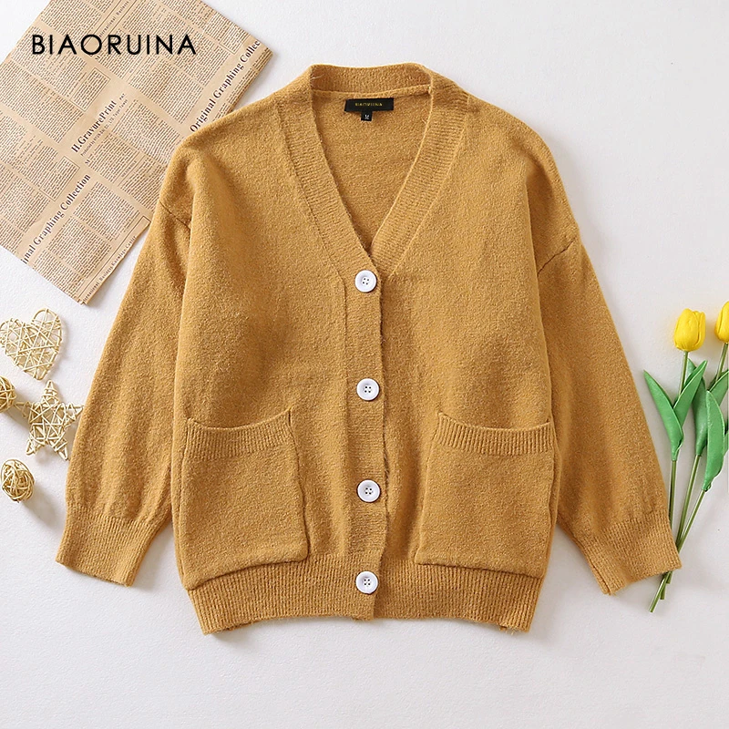 BIAORUINA женский однотонный однобортный вязаный кардиган в Корейском стиле с V