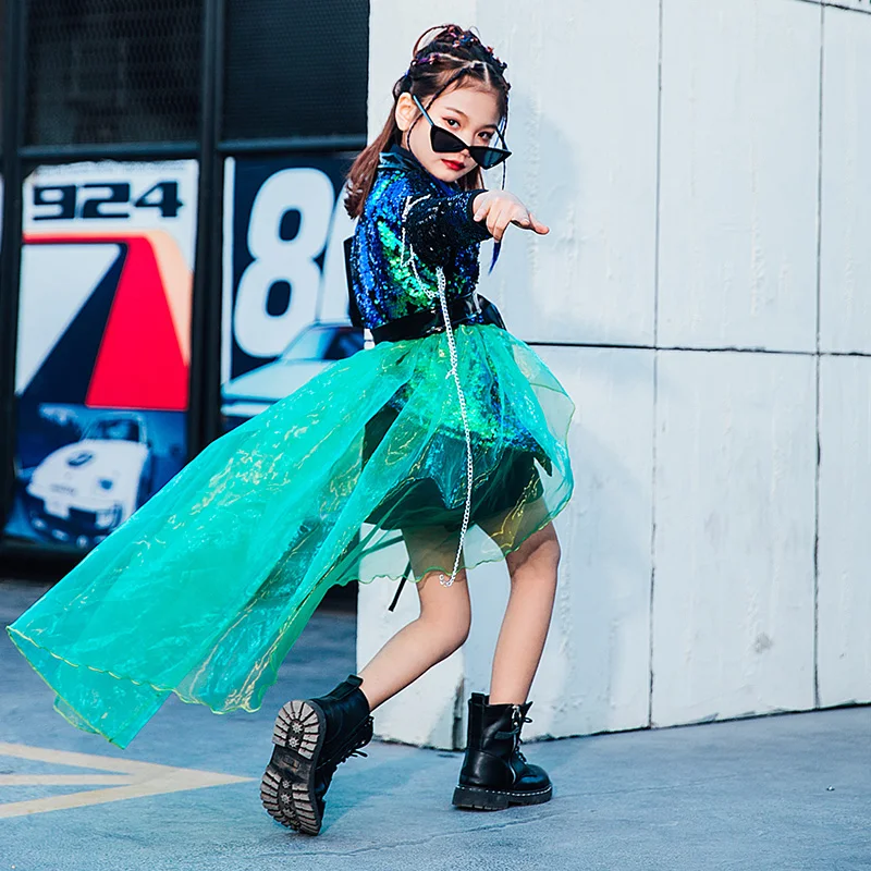 

2021 Children'S Jazz Clothes Girls Modern Street Dance Sequin Jacket Kids Hiphop Performance Costumes Catwalk Show Outfits
