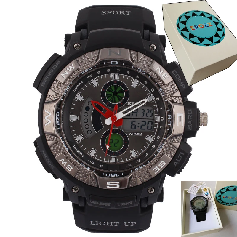 black with box Многофункциональные мужские электронные наручные часы со светящимися ручками бренд Epozz Роскошные montre homme Цифровые мужские спортивные часы подарок водонепроницаемые - Цвет: black with box