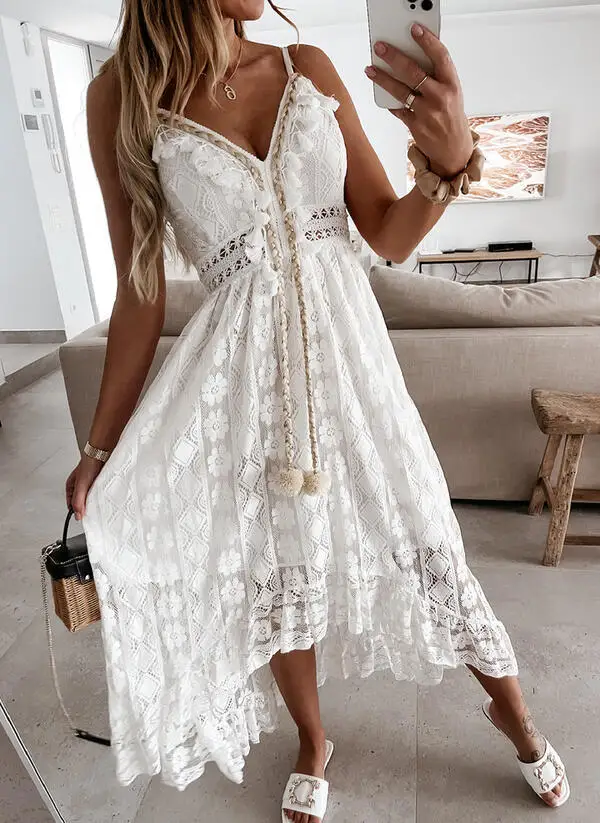 

White hollow lace asymmetrical maxi dress,robe boheme femme chic,Women sexy backless v neck spaghetti strap party flowy dress,