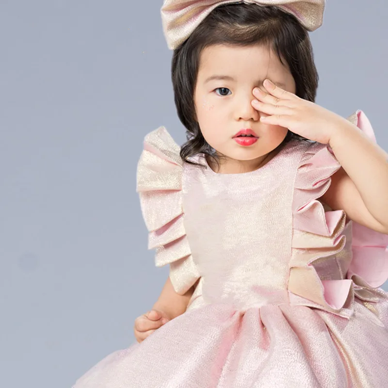 

New Pink Girl Dress for Birthday Knee Length Princess Party Dress Kids Clothes Birthday Gown with Bow