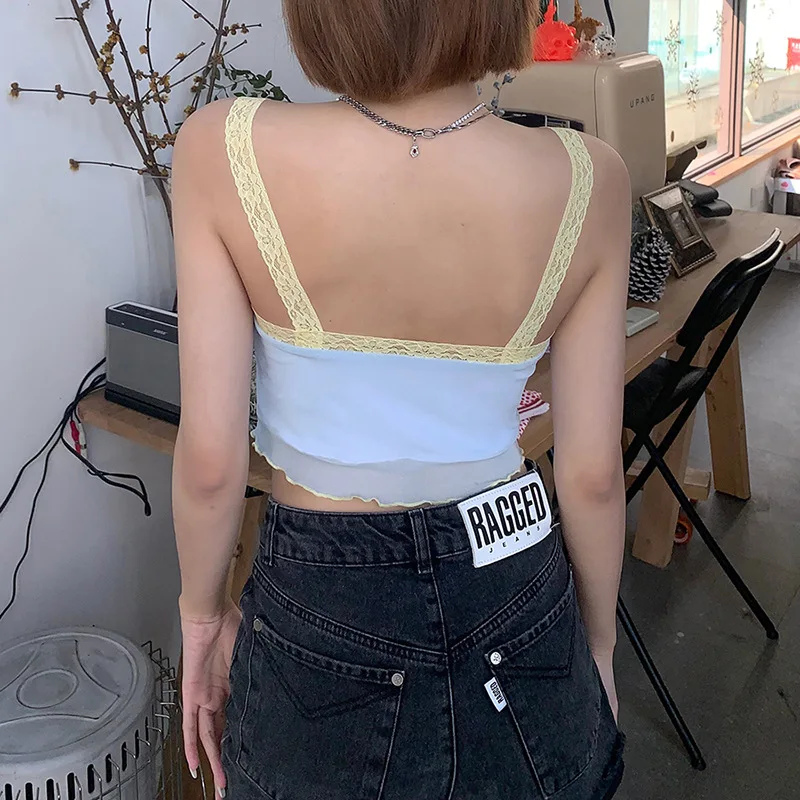 

MO & Mo - European and American style 2021 summer women's wear new sling mesh stitching pleated lace sexy vest tops for women