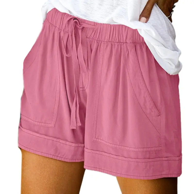 

Шорты женские пляжные с широкими штанинами, повседневные свободные однотонные с поясом на резинке и карманами, уличная одежда для отдыха, б...