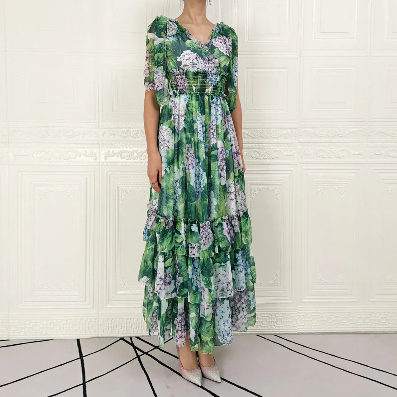 

Long Dress High Quality Summer Women'S Fashion Party Boho Beach Vintage Elegant Chic V-Neck Streamer Cascading Chiffon Dresses