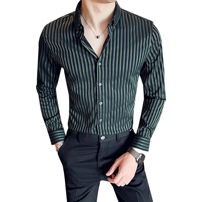 

Plus Size 4XL British Style Spring New Long Sleeve Men Striped Shirts Simple Business Formal Wear Slim Fit Tuxedo Office Blouses