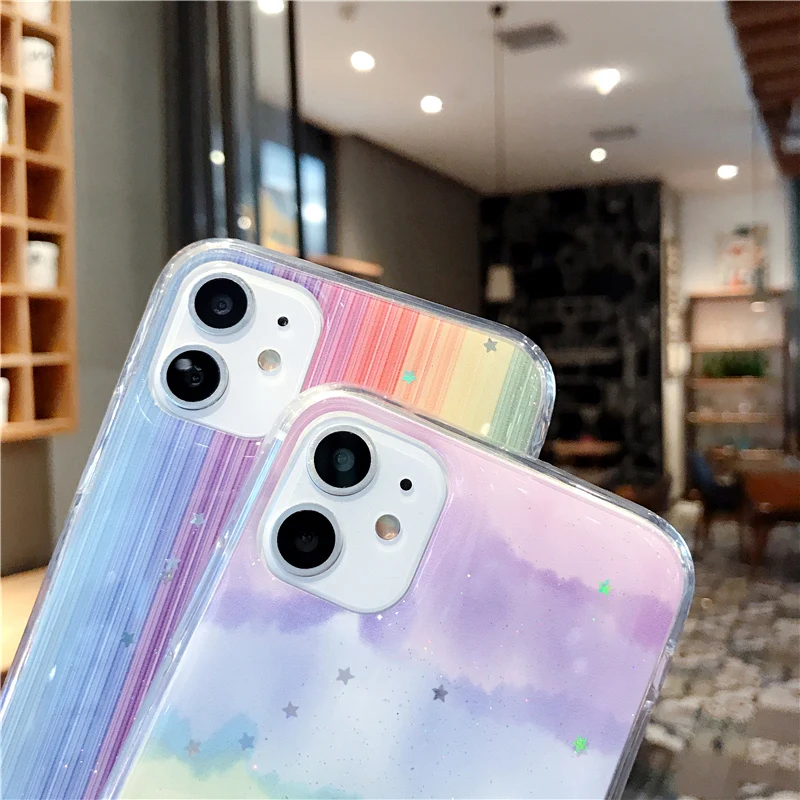 

Glitter Rainbow Case For iPhone 12 Pro Max Mini 11 XS Max XR X 7 8 6 6s Plus Colorful Gradient Stand Holder Epoxy Soft Cover
