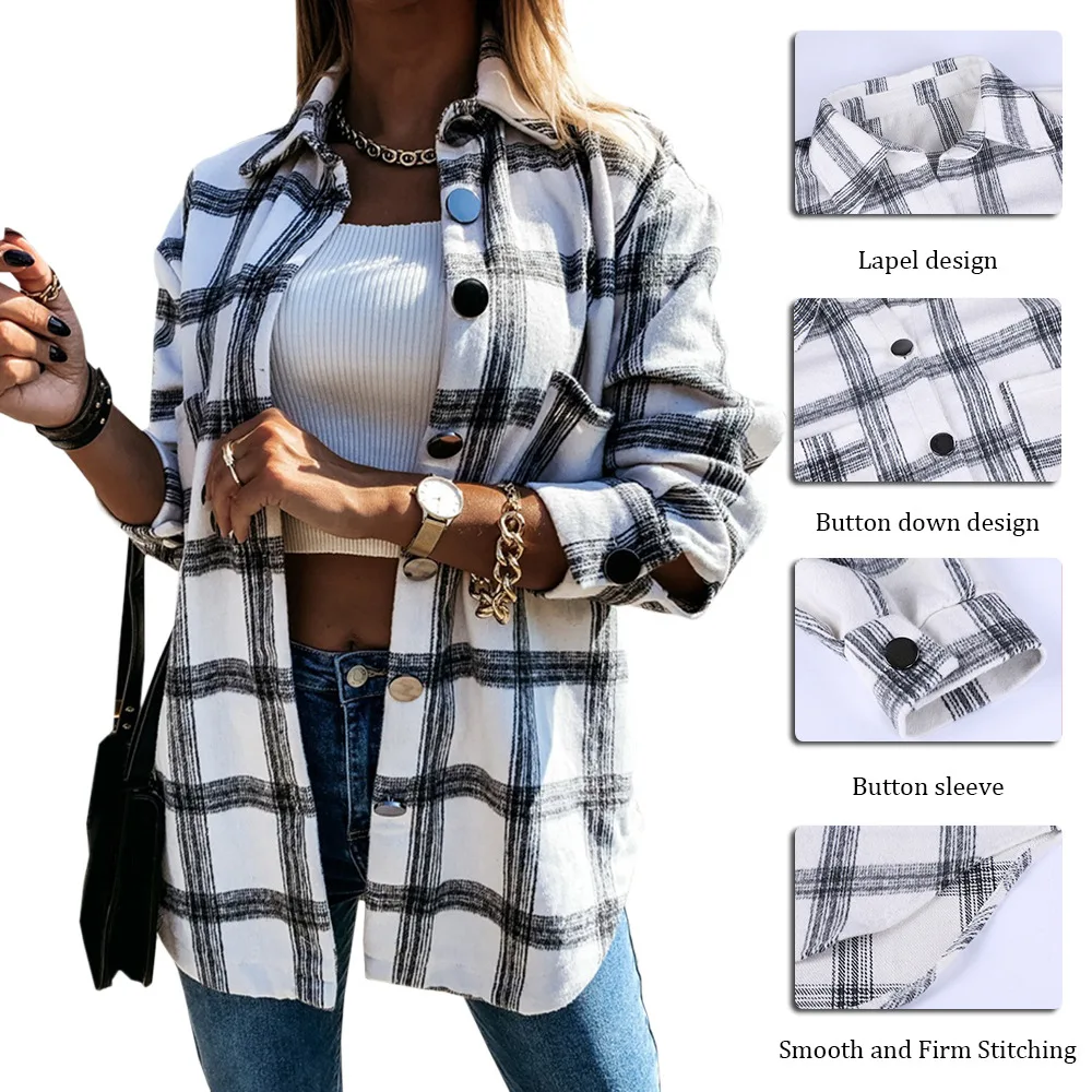 

2021 Autumn New Fashion Ladies Plaid Shirt Jacket Retro Hit Color Loose And Thin Casual All-match Women Coat