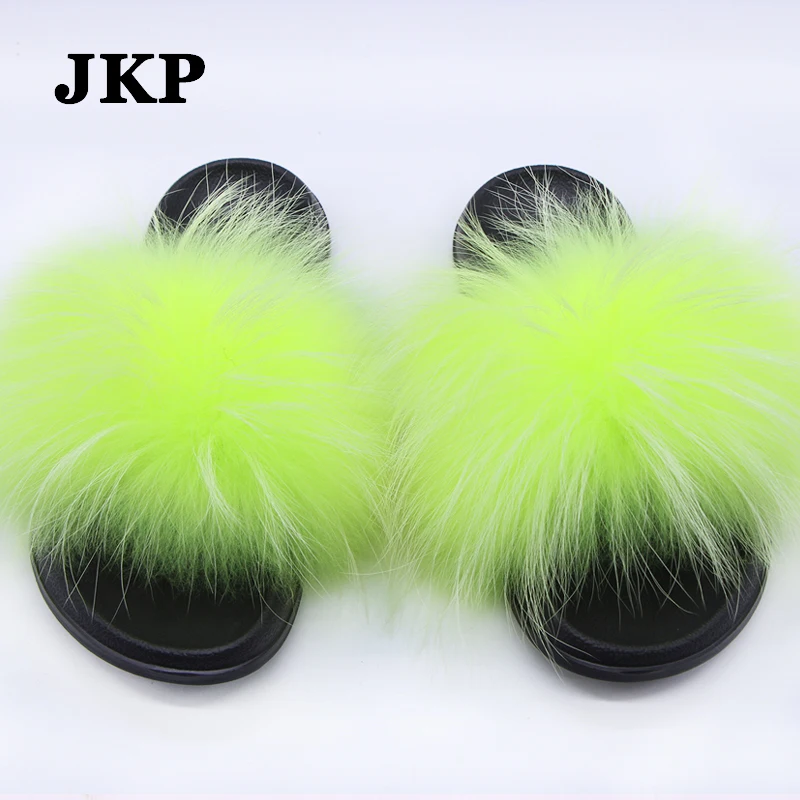 

Real Raccoon Fur Slippers Women's Summer Multicolor Cute Fluffy Fuzzy Indoor Flat Sandals Plus Size Plush House Shoes TX24