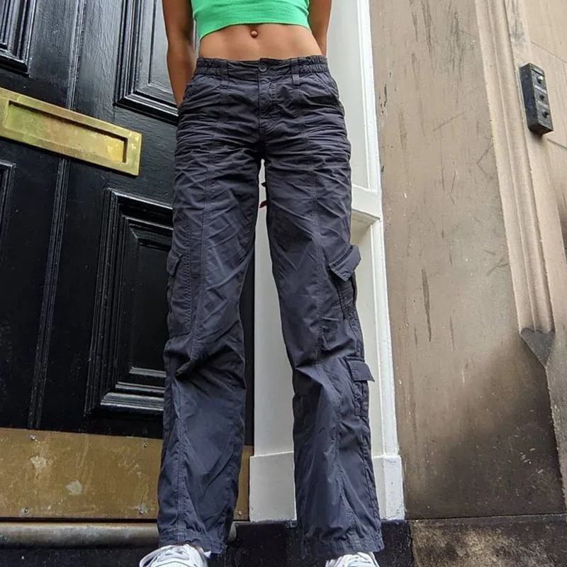

Women's low-rise multi-pocket loose jeans, high-end handsome, khaki casual overalls, ruffled straight wide-leg pants, fall 2021