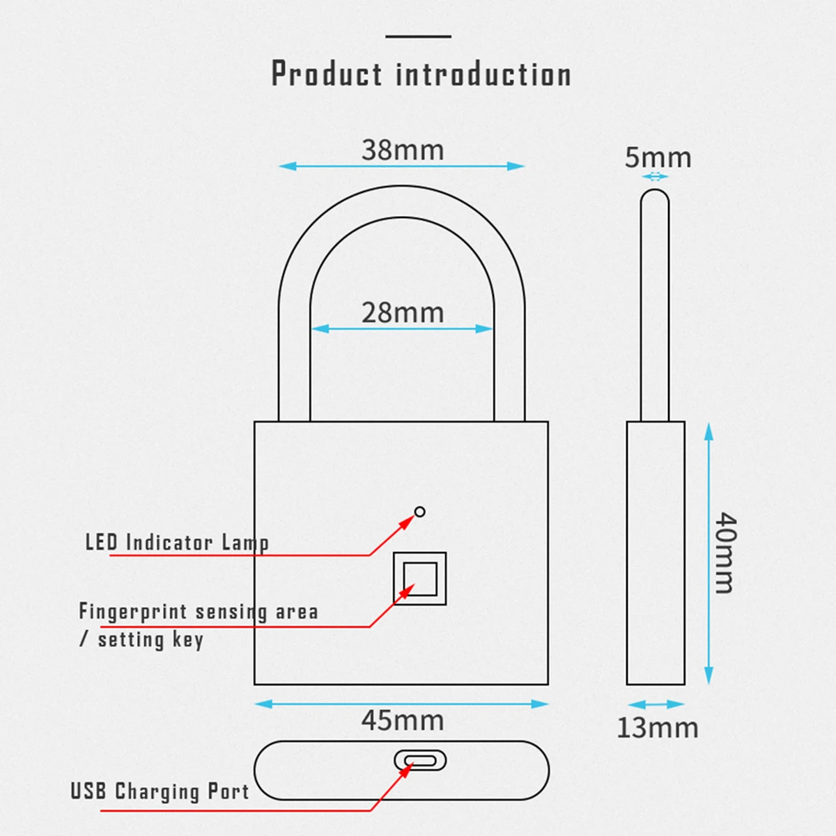 

Security Keyless USB Rechargeable Door Lock Fingerprint Smart Padlock Quick Unlock Zinc alloy metal