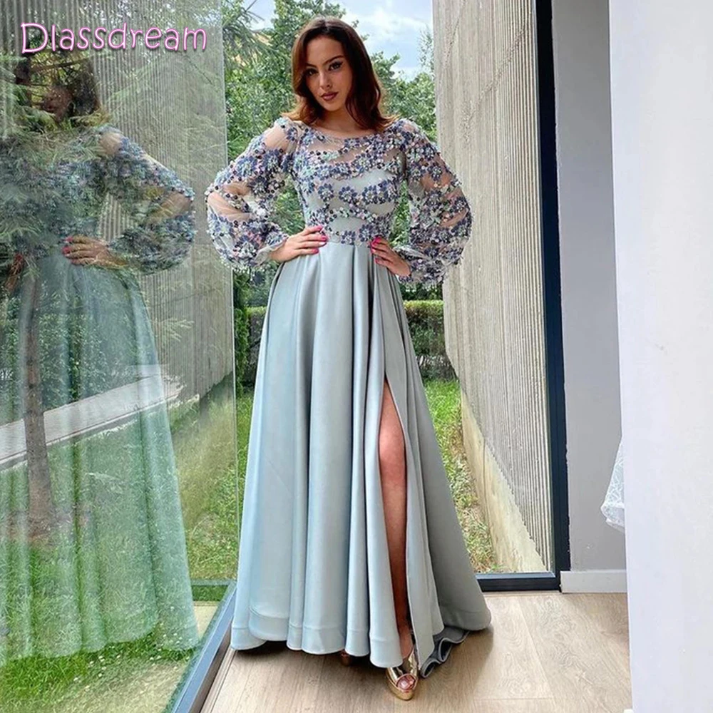 

Elegant A Line Evening Dress Lace Appliques Long Sleeve Side Split Robes De Soirée Sweep Train Women Party Gown Vestido De Noche