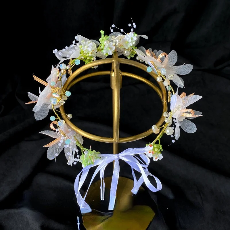 

Bride Princess Artificial Flower Garland Head Crown with Adjustable Ribbon Wedding Holiday Hair Wreath Halo Tiara Headband 2021