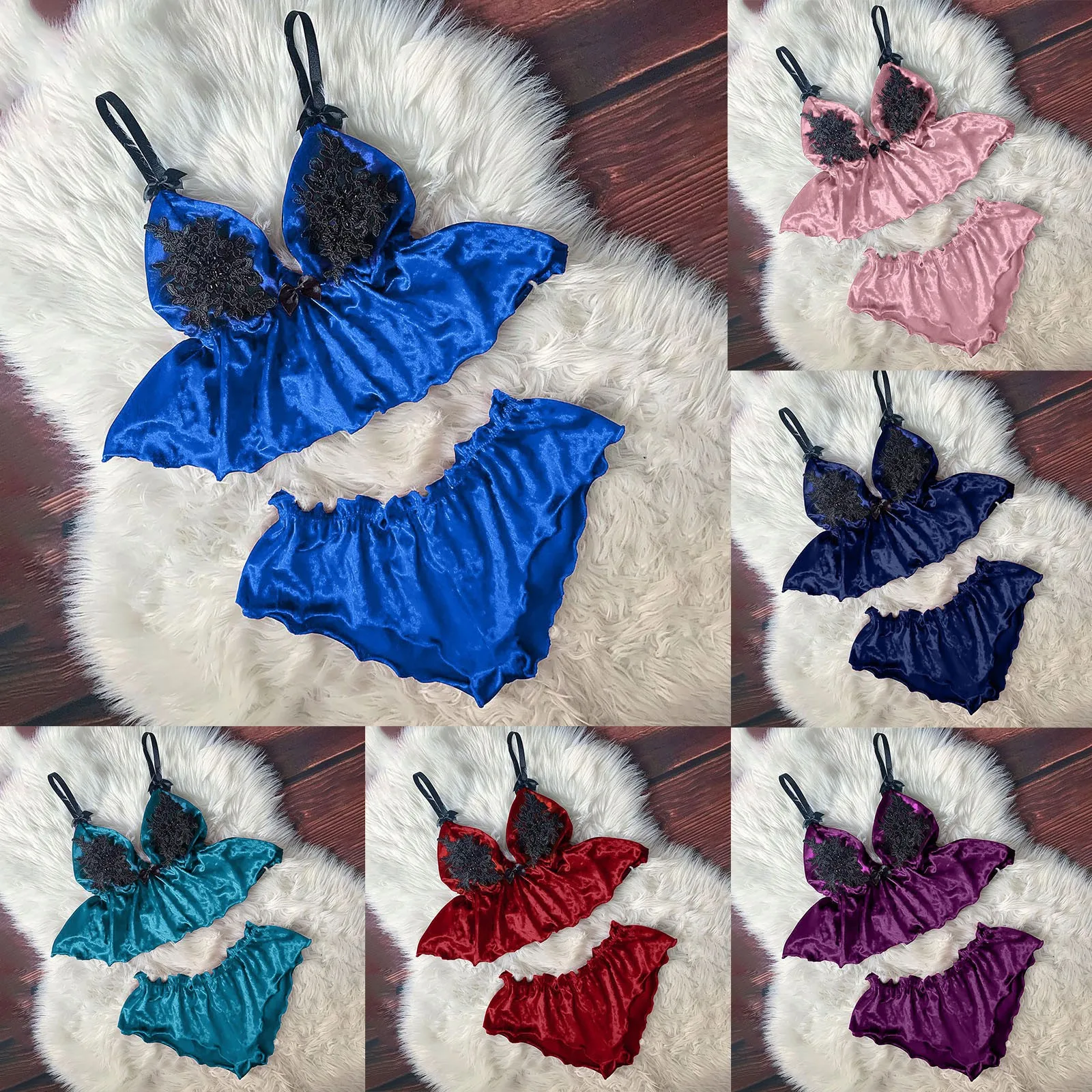 

Sexy Women Stain Sleepwear Set Ladies V-Neck Eyelash Lace Camisole Bowknot Shorts Pajamas Sets Nightwear lingerie femme #5