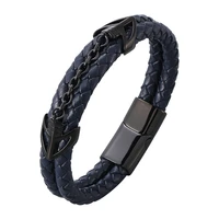 men jewelry double blue genuine leather bracelets black stainless steel magnetic buckle fashion wristband male gift sp1026
