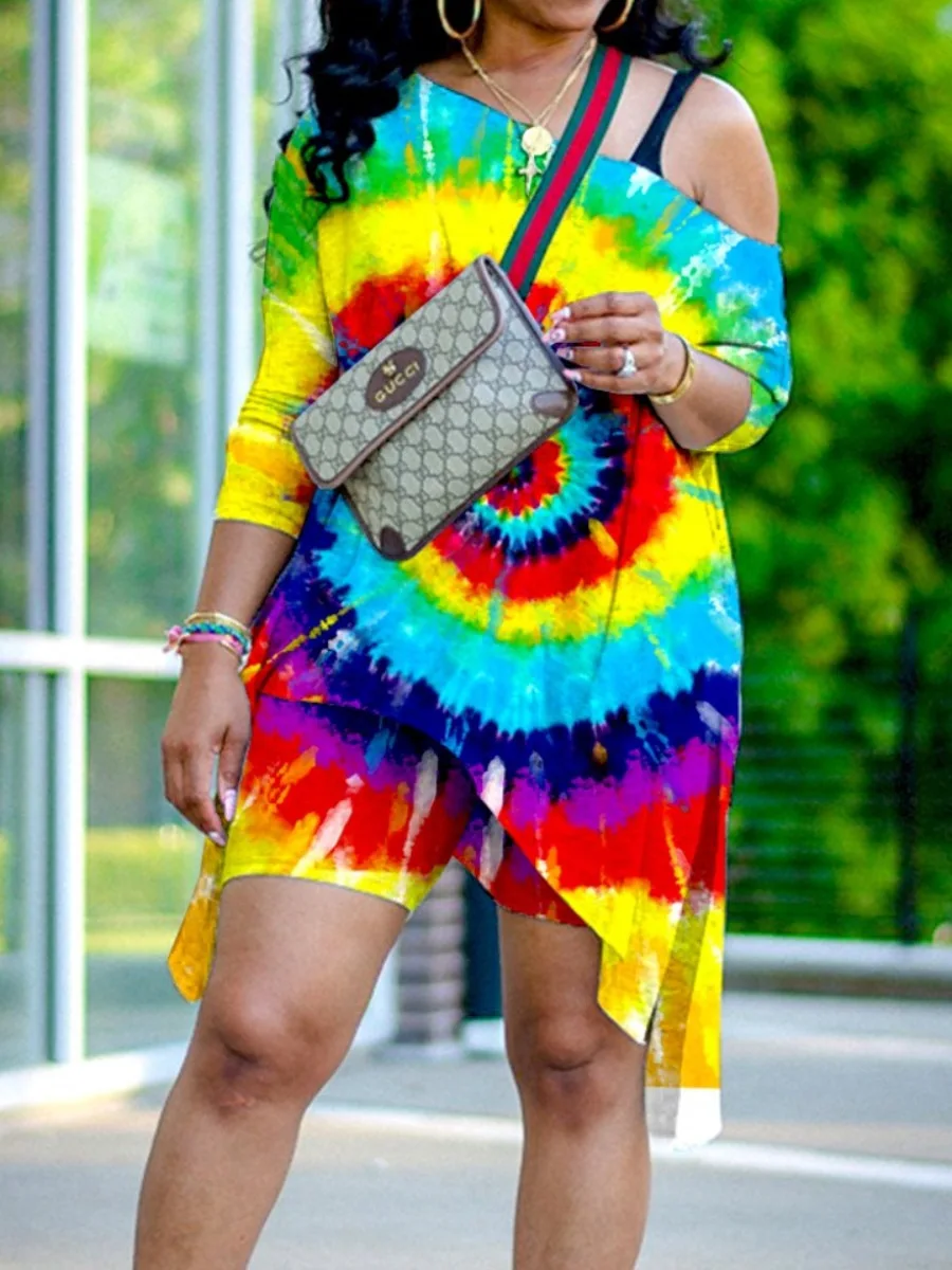 

2021 Women Suit Fashion Clothes Off Shoulder Tops&short Pants Sets Tie Dye Matching Sets Casual 2 Piece Set Tracksuit Streetwear