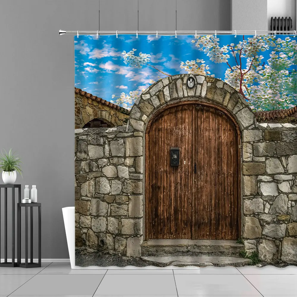 

Retro Brick Wall Shower Curtains Old Stone Walls Bath Courtains Home Bathroom Decor Cloth Polyester Fabric Cloth Set with Hooks