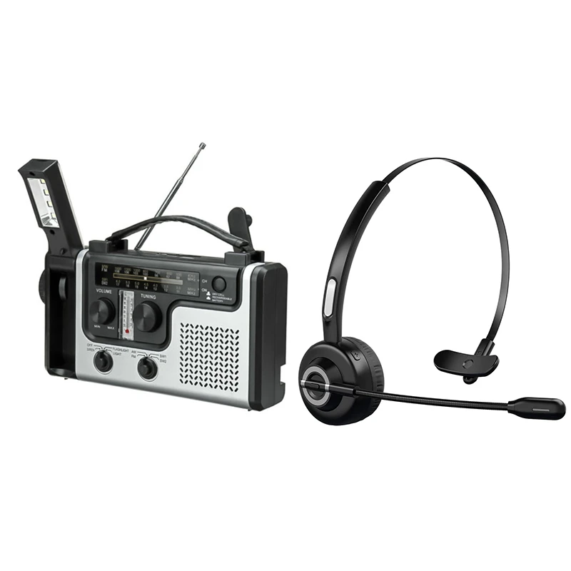 저렴한 Hot-Solar Radio 휴대용 FM / AM 라디오 내장 스피커 및 블루투스 헤드폰 (마이크 포함), 귀에 무선 헤드셋