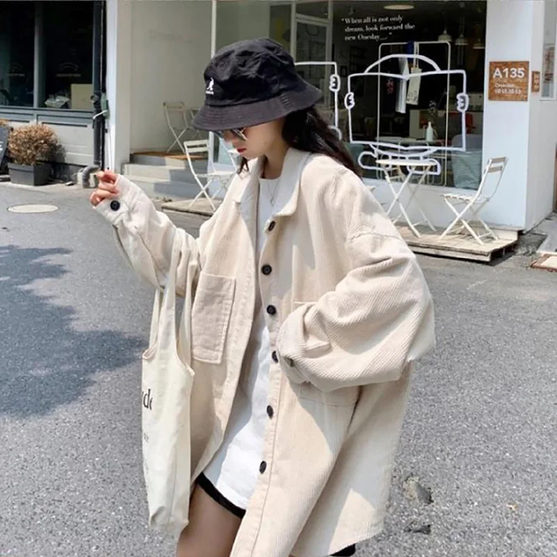 

Streetwear Blouses Corduroy Jacket Women's Spring Autumn Shirts Casual Couple Outwear Solid Oversized Shirt Bf Style Tops Female