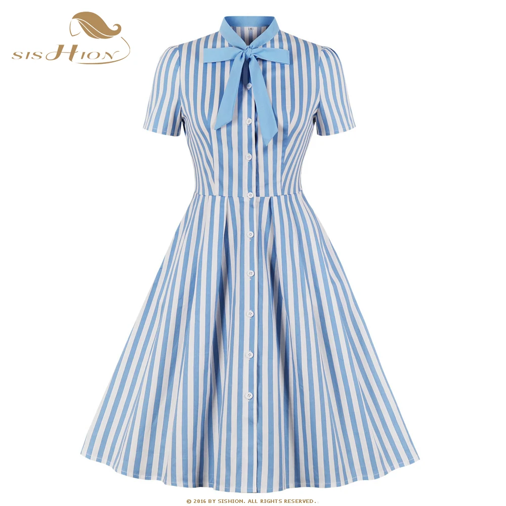 Женское винтажное платье в полоску SISHION черное красное синее Хлопковое с