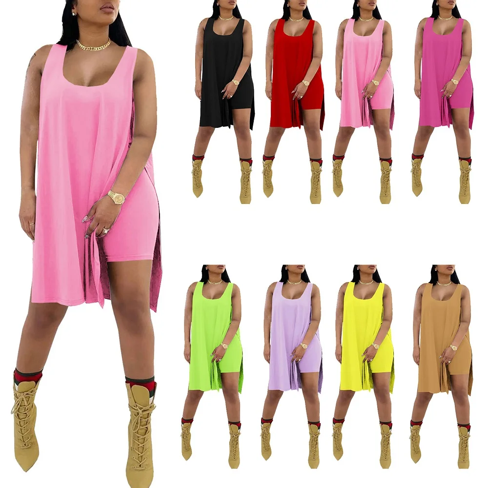 

2021 Fashion Summer Women's Tracksuits Hot Sale Women Solid Color U-Neck Sleeveless Pullover Tops + Short Pants 2 Pieces Sets
