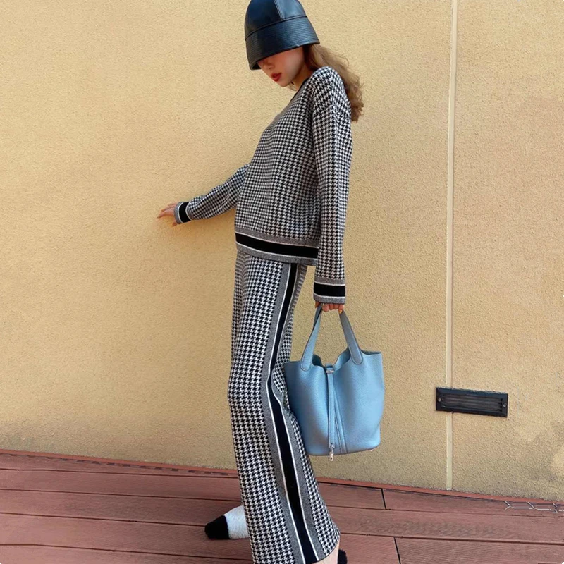 

Ins Europe Fashion Women Set Chic Loose Casual Long Sleeves Plaid Pullovers Knitted Top Long Pants Ladies Wide Leg Trousers