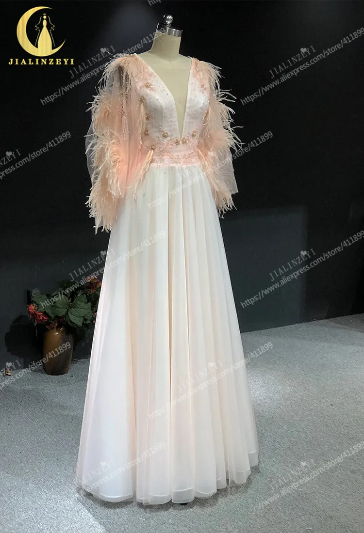 

Rhine real Pictures Cape Sleeves V Neck with Feathers Nude Pink arabic formal dress evening dresses long