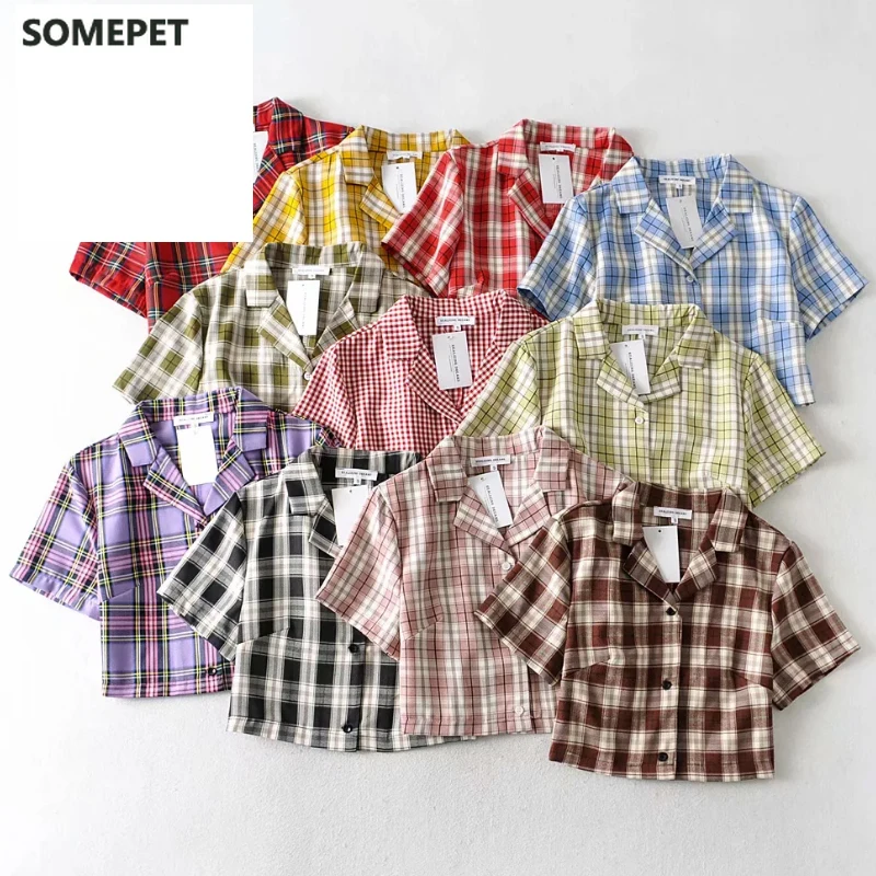 

Somepet Summer blouse women vintage crop shirt streetwear plaid ladies tops elegant button up shirt korean crop top red