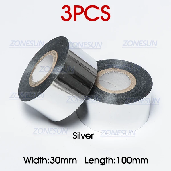 Silver 3pcs ZONESUN Дата Код термальная Лента печатная машина лента для аксессуаров для пластиковой бумаги 30*100 м черный белый красный - Цвет: Silver 3pcs