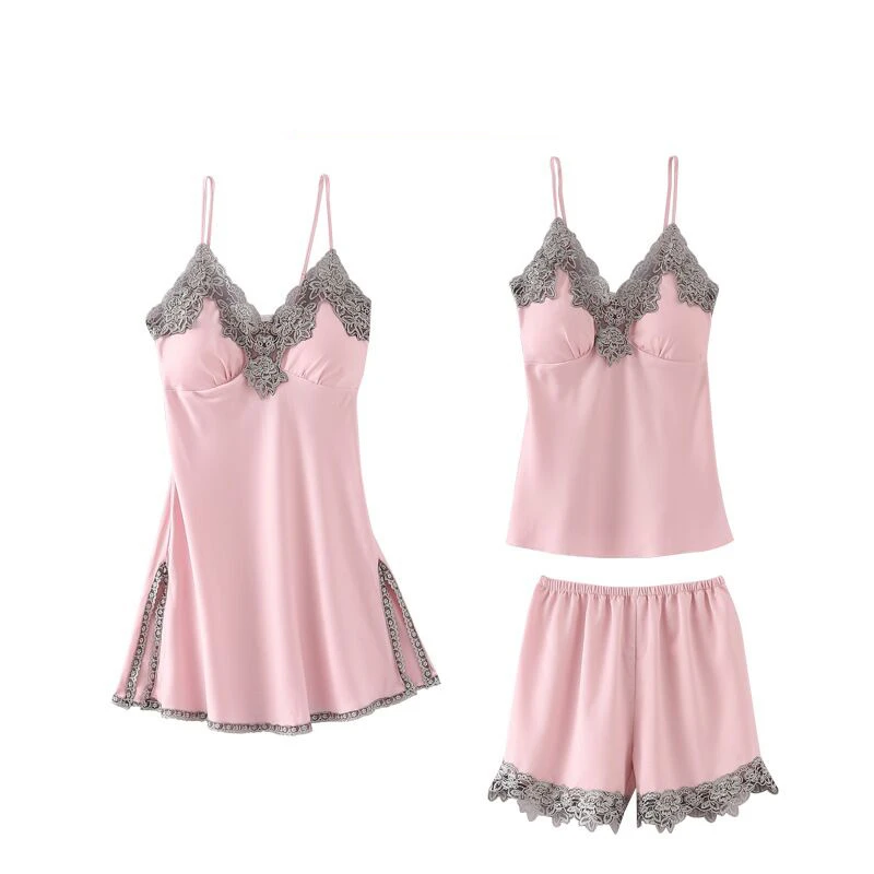 

2020 New Autumn Women's Pajamas Sets Summer Silk 4Pcs Sleepwear Satin Lace Pyjamas Sexy Lace Pijama Nightie Robe Home Clothes