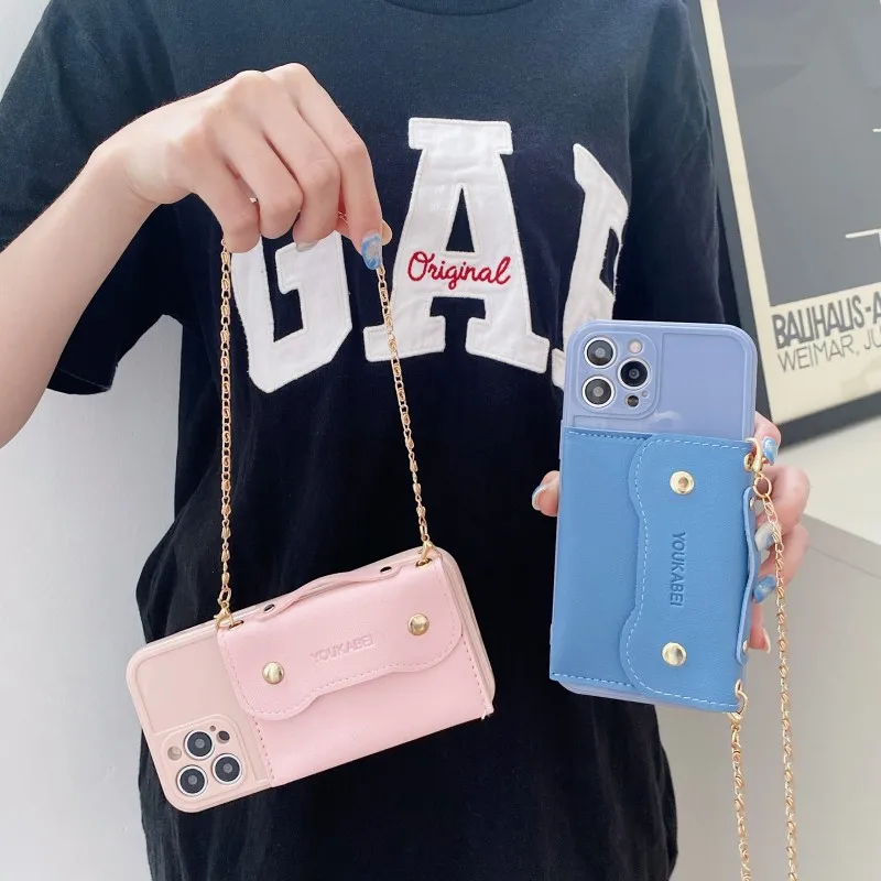 

Metal Chain Portable Wallet Soft Case For iphone 12 Pro Max MiNi 11 Pro X XR XS Max 7 8 Plus SE 2020 Camera Protect Phone Cover