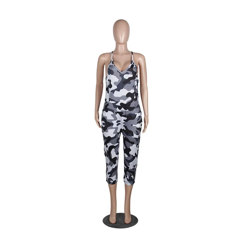 

New Plus Size Rompers Womens Jumpsuit Summer Overalls Ladies Casual Spaghetti Strap V Neck Camouflage One Piece Jumpsuit Outfits