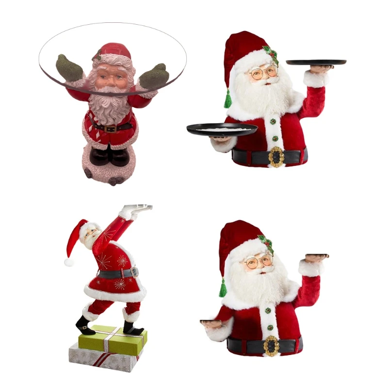 

Christmas Santa Claus Statues Holding Snack Tray Resin Sculpture Figurine Treats Holder Cake Dessert Stand Fruit Plate
