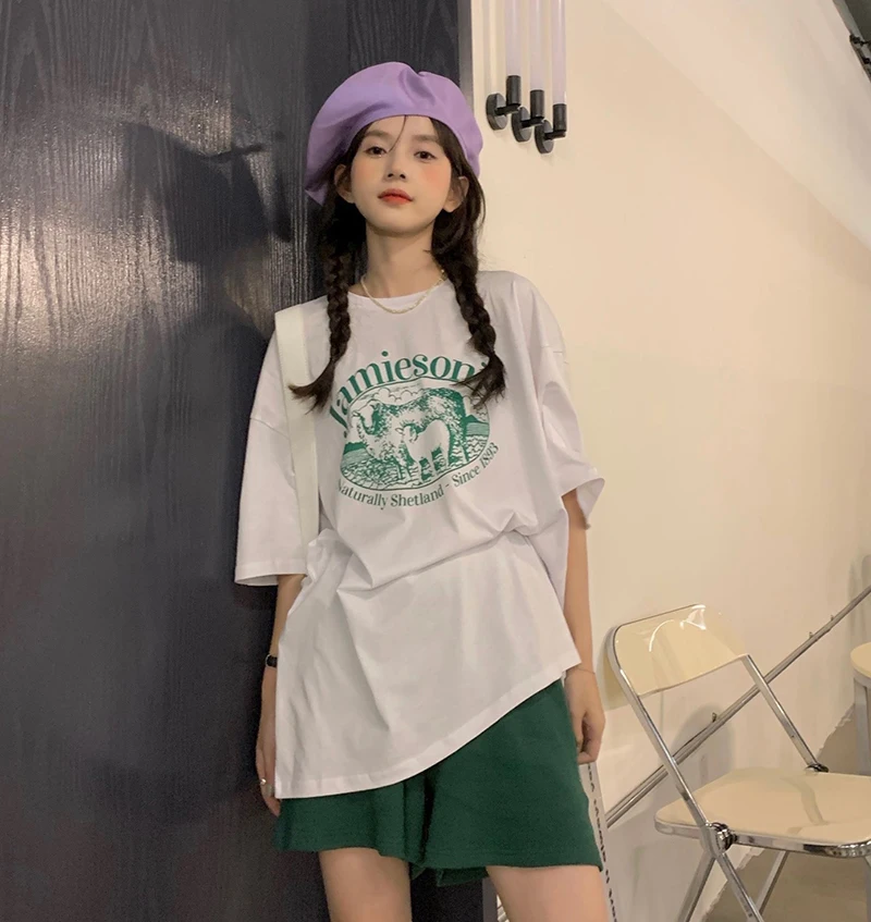 

New loose bottoming shirt women's summer personality printing was thin casual T-shirt tide shaving women loose round neck
