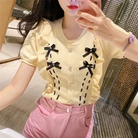 knitted summer designed women tops pink bow ruffled puff sleeve thin slim fit sweater short t shirt for girls sweet style 2021