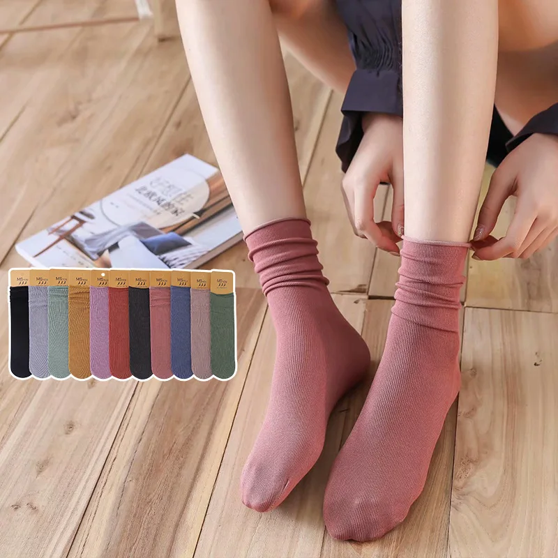 

Medium Tube Autumn and Winter Mercerized Pure Cotton Long Tube Solid Color Crimped Pile Socks Woman Socks Ruffle Socks Kawaii