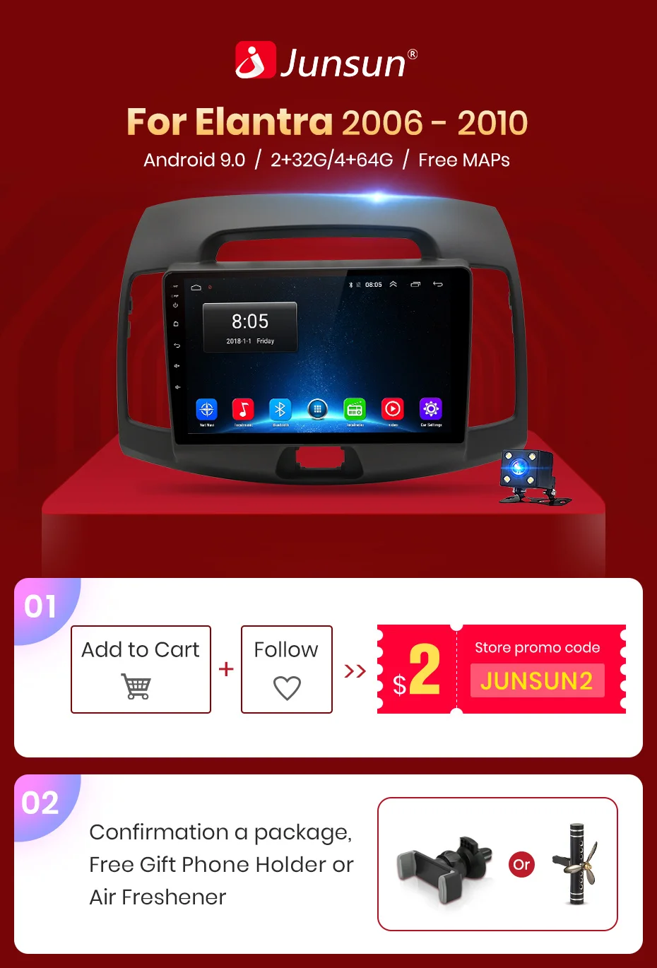 Junsun 2 г+ 32 г Android 8,1 4 г автомобильный Радио мультимедийный видео плеер навигация gps WiFi 2 din для hyundai Elantra HD 2006-2010 нет dvd