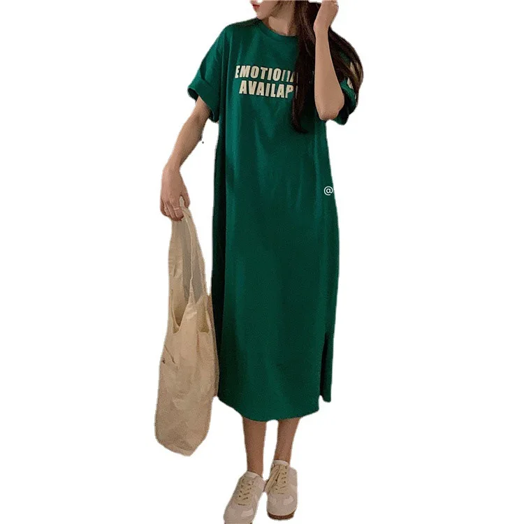 

2021 spring and summer Korean new skirt loose and thin letter printing lengthened short sleeve straight tube split dress