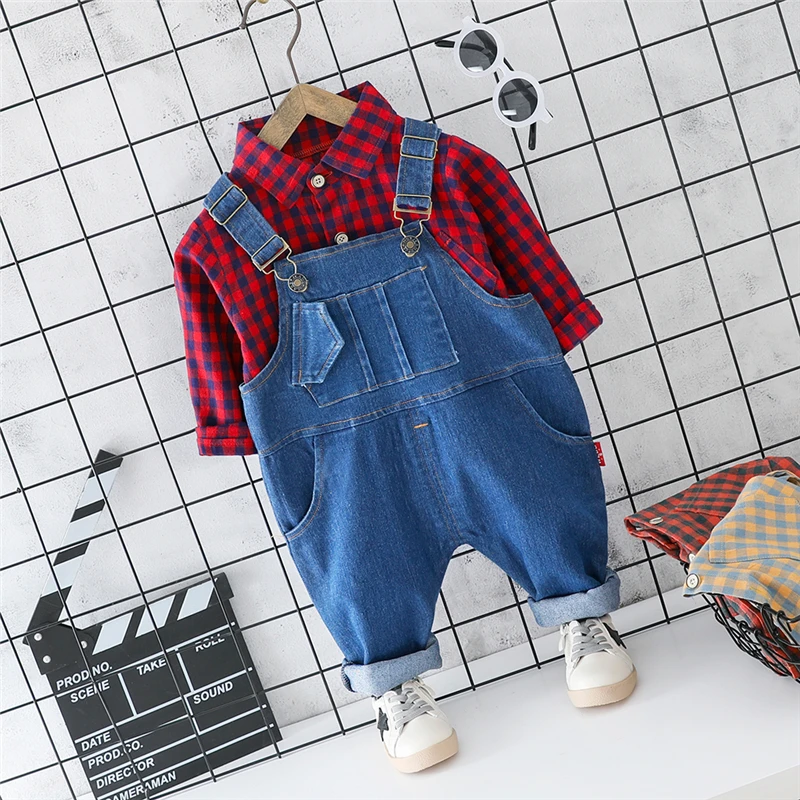 HYLKIDHUOSE 2019 Toddler Infant Clothes Suits Baby Girls Boys Clothing Sets Lapel Plaid Shirt Strap Jeans Kids Children | Детская одежда