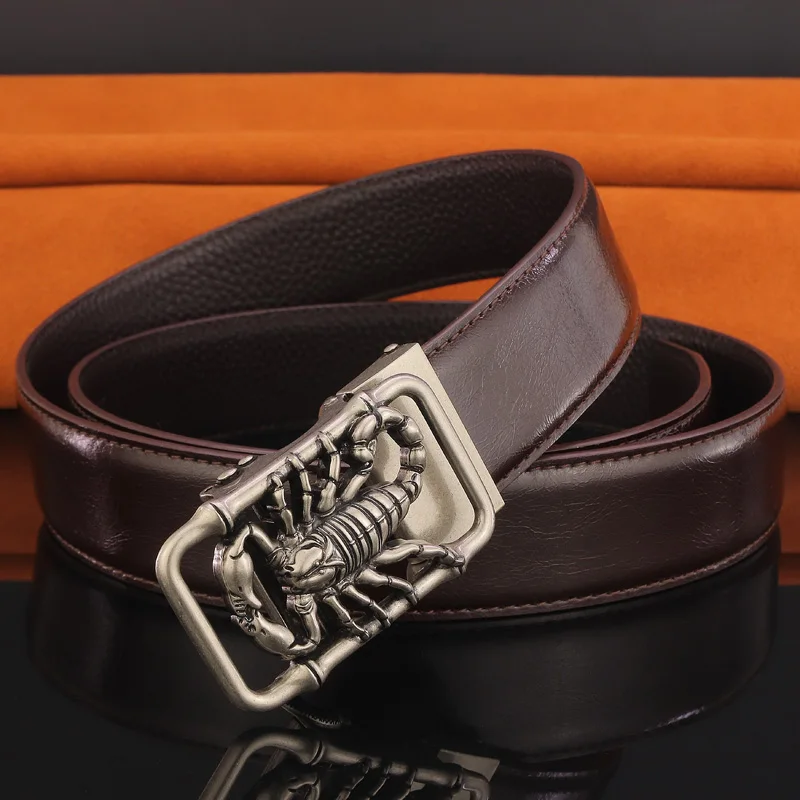 

Men's Automatic Buckle Belts High Quality Scorpion Buckle Belt For Male Cowskin Retro Genuine Leather Waist Strap Leisure
