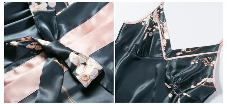 

Printed Flower Female 2pcs Robe Set Loose Kimono Bath Gown Summer Chemise Sleepwear Nightgown Satin Spaghetti Strap Nightdress