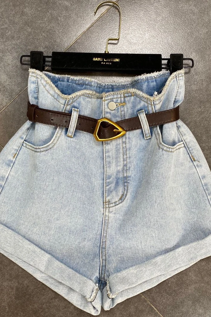 

2021 Summer Denim Shorts Flower Bud Waist With Belt Wide Hem And Korean Denim High Waist Short Jeans