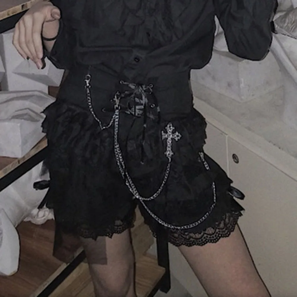 

Loli Rock Gothic Punk Dark Lace Up Bandage Cross Chain Mesh Shorts Lolita Short Pants Goth Punk Fashion Women Black Pantskirt