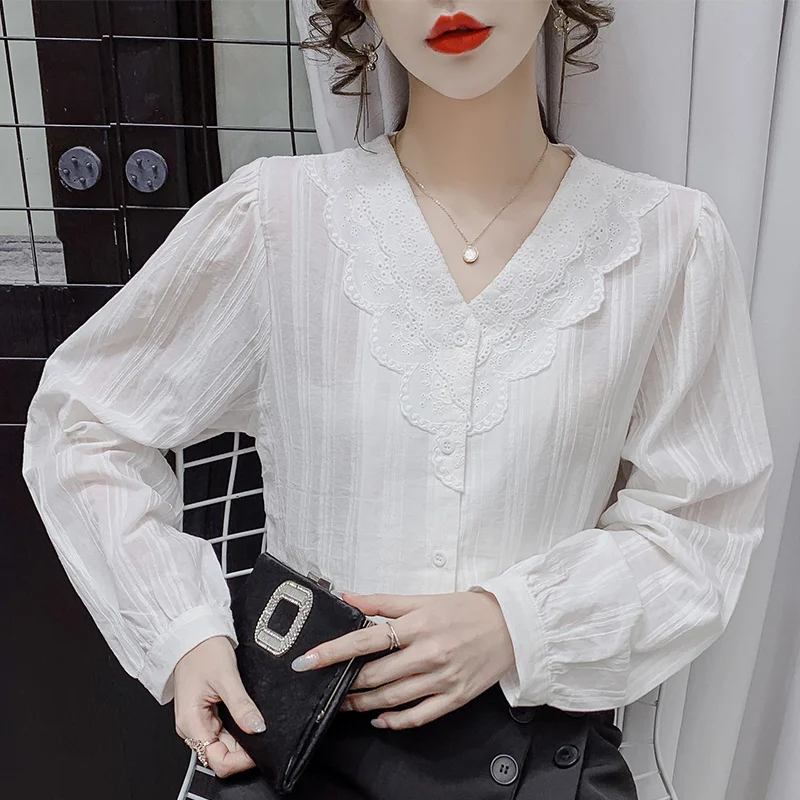 

Кружевная рубашка с кукольным воротником, новинка 2021, простая верхняя одежда в Вертикальную Полоску, тонкая рубашка для женщин