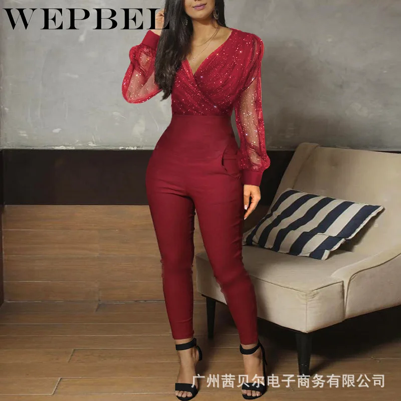

WEPBEL Womens Sexy Jumpsuit Elegant Sequins Mesh Glitter Rompers Party Night Club Wear Spring Long Pants One Piece Overalls