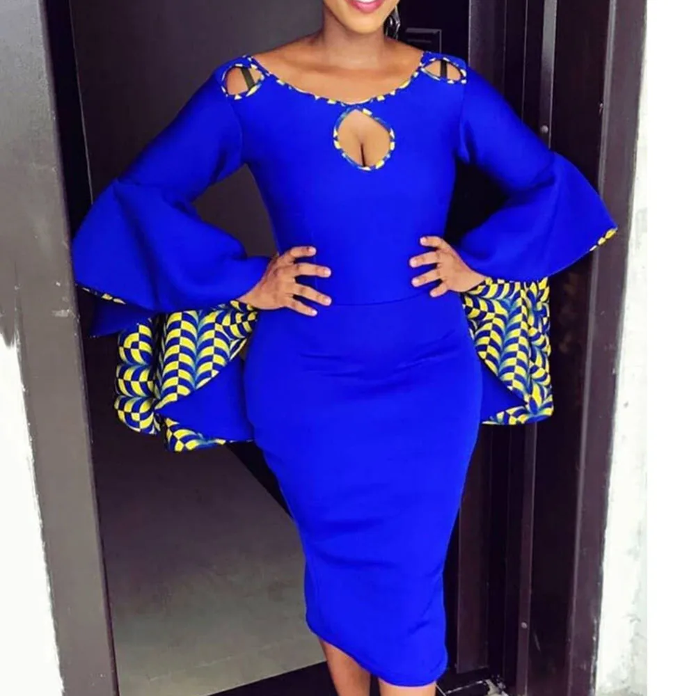 Синий цветочное кружевное платье с длинным рукавом Вечерние элегантный