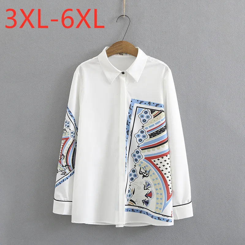 

New 2021 Ladies Spring Autumn Plus Size Top For Women Large Long Sleeve Loose Casual White Print Chiffon Shirt 3XL 4XL 5XL 6XL