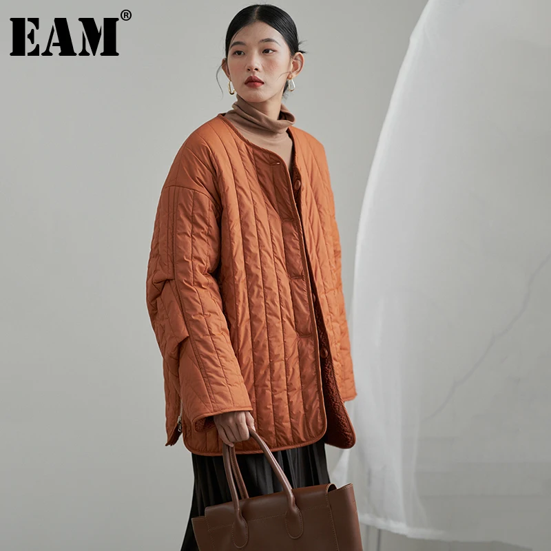 

[EAM] Loose Fit 1DE5017 Lambswool Big Size Jacket New O-neck Long Sleeve Women Coat Fashion Tide Autumn Winter 2021 1DE5017